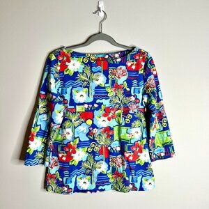 J. McLaughlin Catalina Cloth Tropical Floral Vacation Nylon Blouse 3/4 Sleeve L